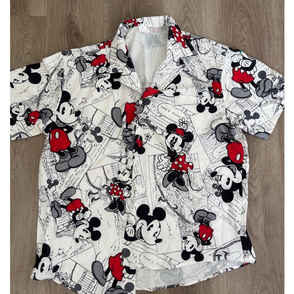Mickey Minnie Mouse Comic Strip Button Down Shirt White Red Large Short Sleeve